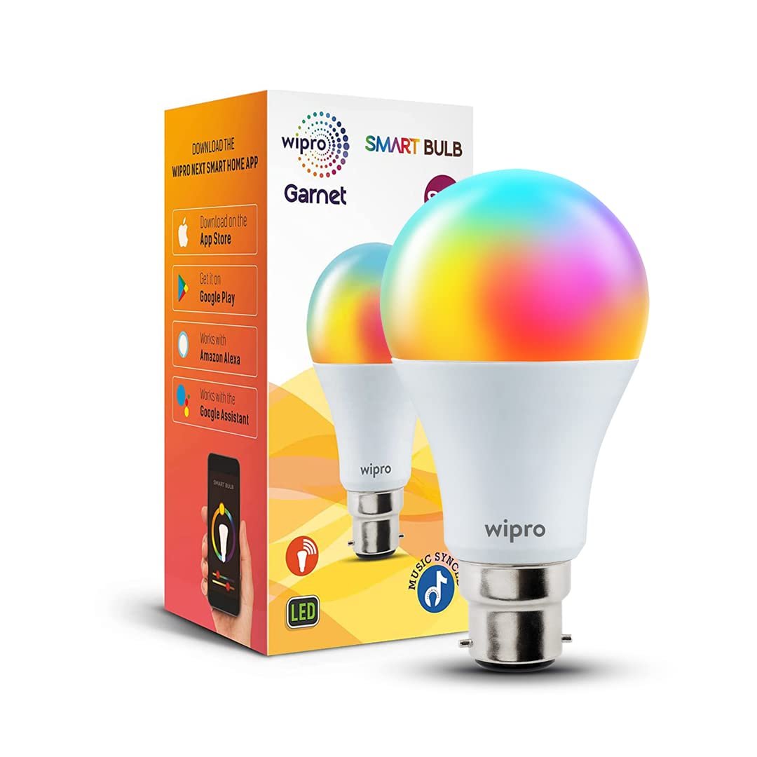 Wipro 9W B22D WiFi LED Smart Bulb with Music Sync Function, Compatible with Amazon Alexa and Google Assistant (16M Colours, Warm White/Neutral White/White + Dimmable) Pack of 1